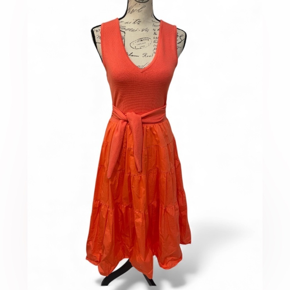 Jason Wu Coral Knit Bodice Tiered Midi Dress M Tie Waist Summer Dress